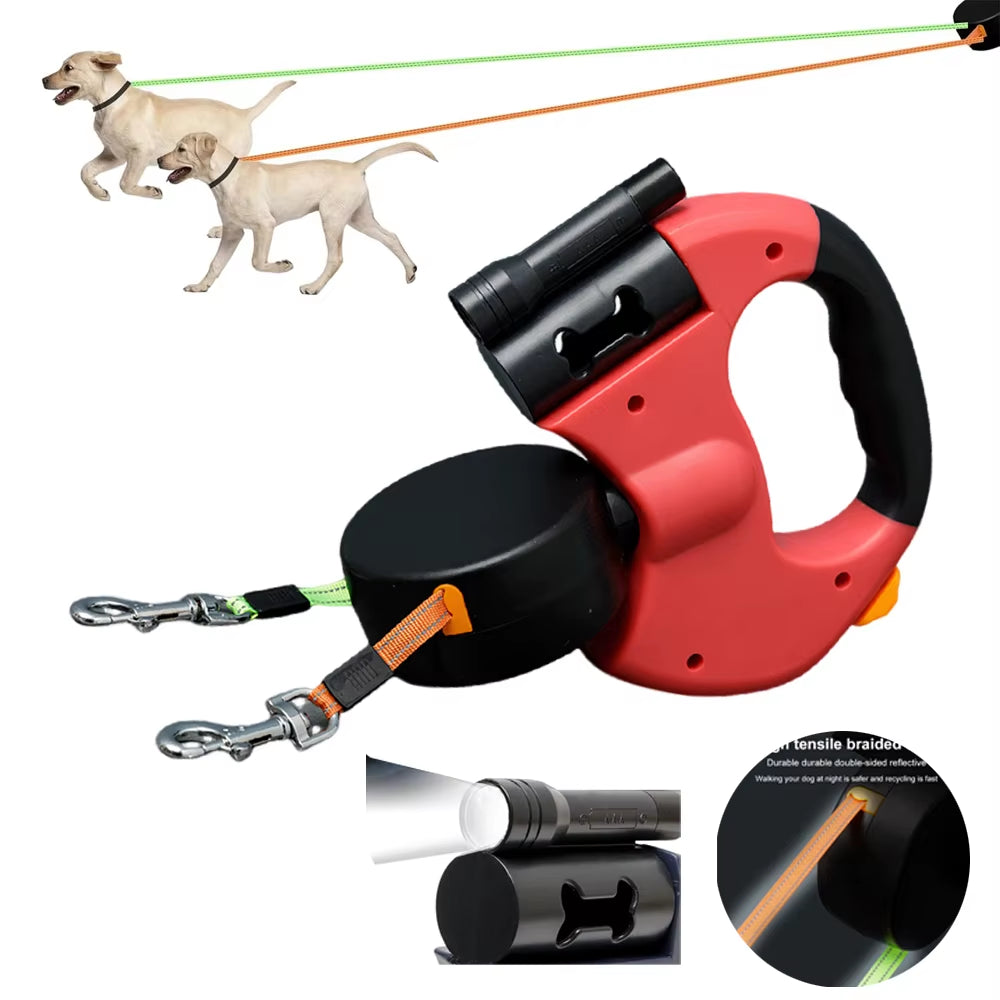 Retractable Dual Pet Doggie Leash with 360° Rotating LED Light Independent Braking Anti-Tangle Clip with 3M Reflective Leads