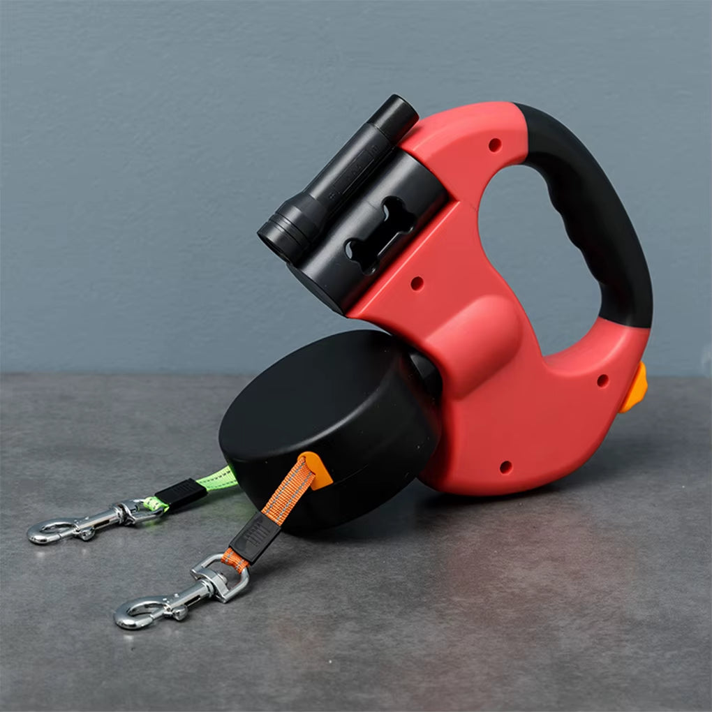 Retractable Dual Pet Doggie Leash with 360° Rotating LED Light Independent Braking Anti-Tangle Clip with 3M Reflective Leads