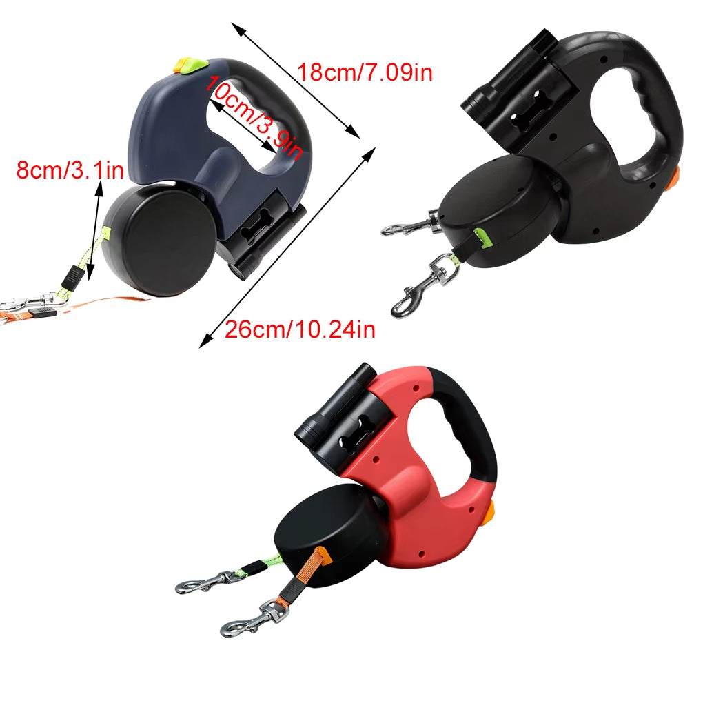 Retractable Dual Pet Doggie Leash with 360° Rotating LED Light Independent Braking Anti-Tangle Clip with 3M Reflective Leads