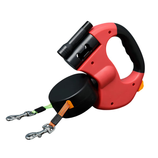 Retractable Dual Pet Doggie Leash with 360° Rotating LED Light Independent Braking Anti-Tangle Clip with 3M Reflective Leads